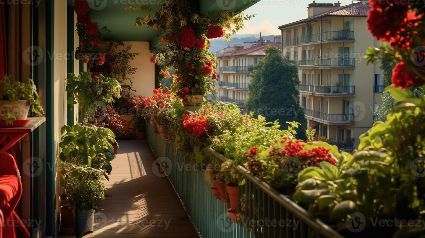 generativo ai, lindo sacada cercado de uma tropical estilo jardim, florescendo flores e verde plantas foto