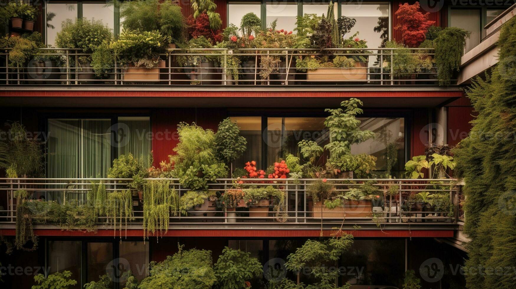 generativo ai, lindo sacada cercado de uma tropical estilo jardim, florescendo flores e verde plantas foto