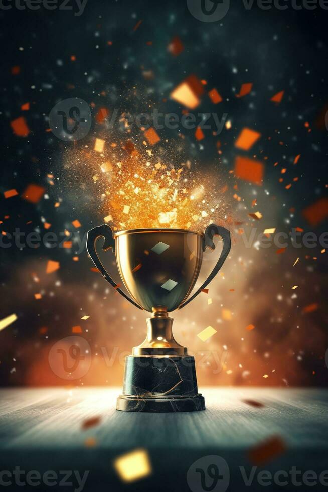 generativo ai, vencedora troféu com chamas, dourado campeão copo com queda confete em Sombrio vertical fundo foto