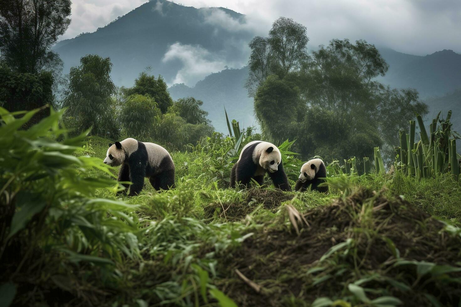 uma família do pandas jogando dentro uma bambu floresta, gerar ai foto