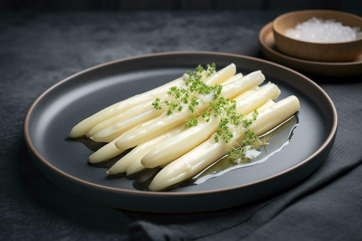 moderno estilo tradicional cozido no vapor branco espargos com curado presunto e Hollandaise molho servido Como topo Visão em uma nórdico Projeto prato com cópia de espaço, gerar ai foto