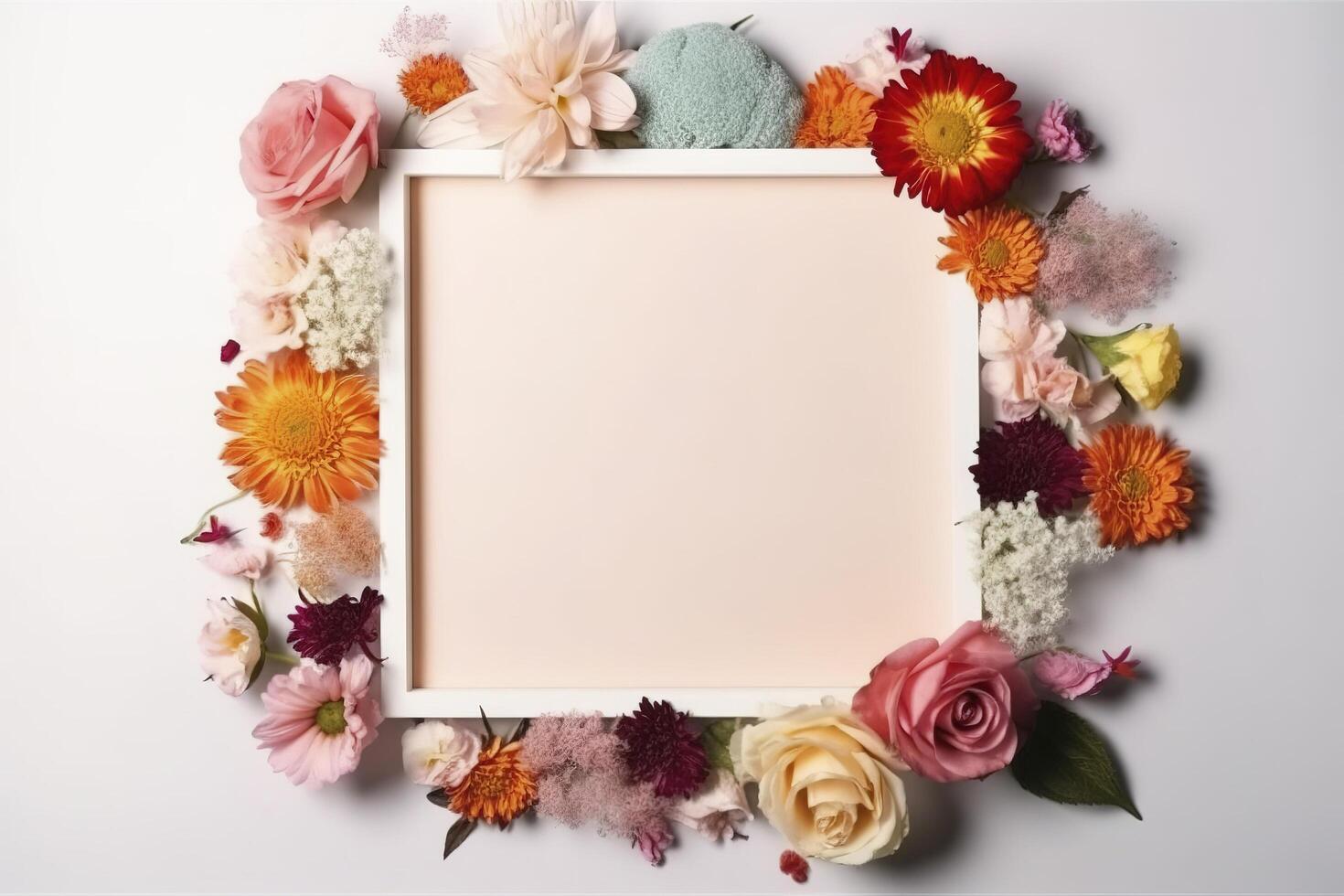 uma quadro, Armação decorado com flores, em branco espaço para texto. plano deitar, topo visualizar. floral quadro, quadro, Armação do flores floral fundo. Casamento convite, cumprimento cartão brincar. ai generativo foto