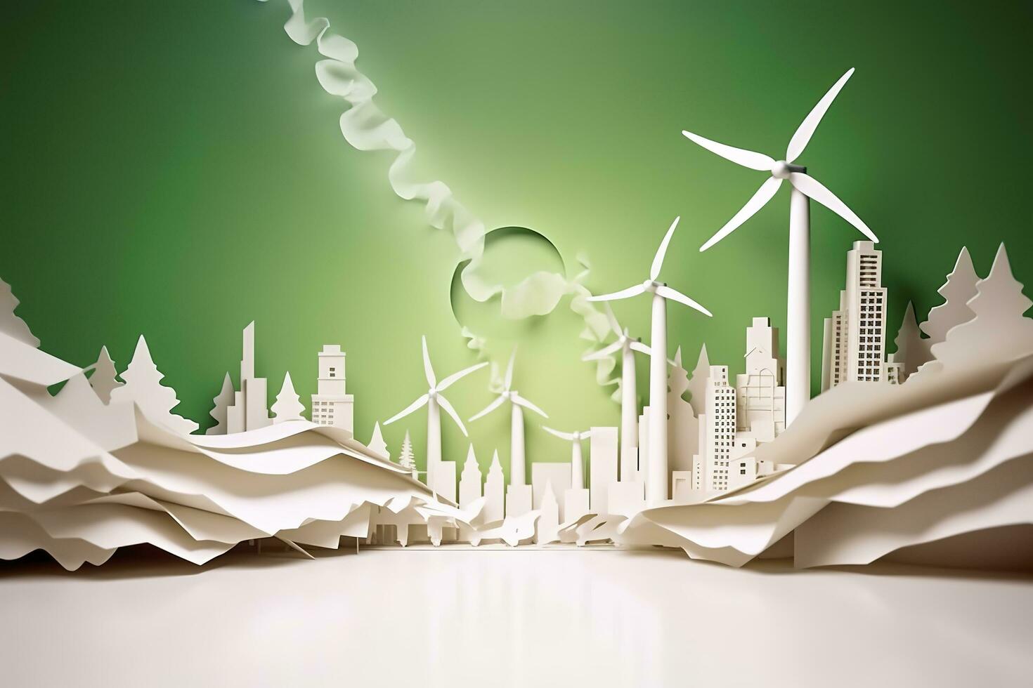 papel arte, renovável energia com verde energia tal Como vento turbinas, renovável energia de 2050 carbono neutro energia, energia consumo, e co2, reduzir co2 emissão conceito, gerar ai foto