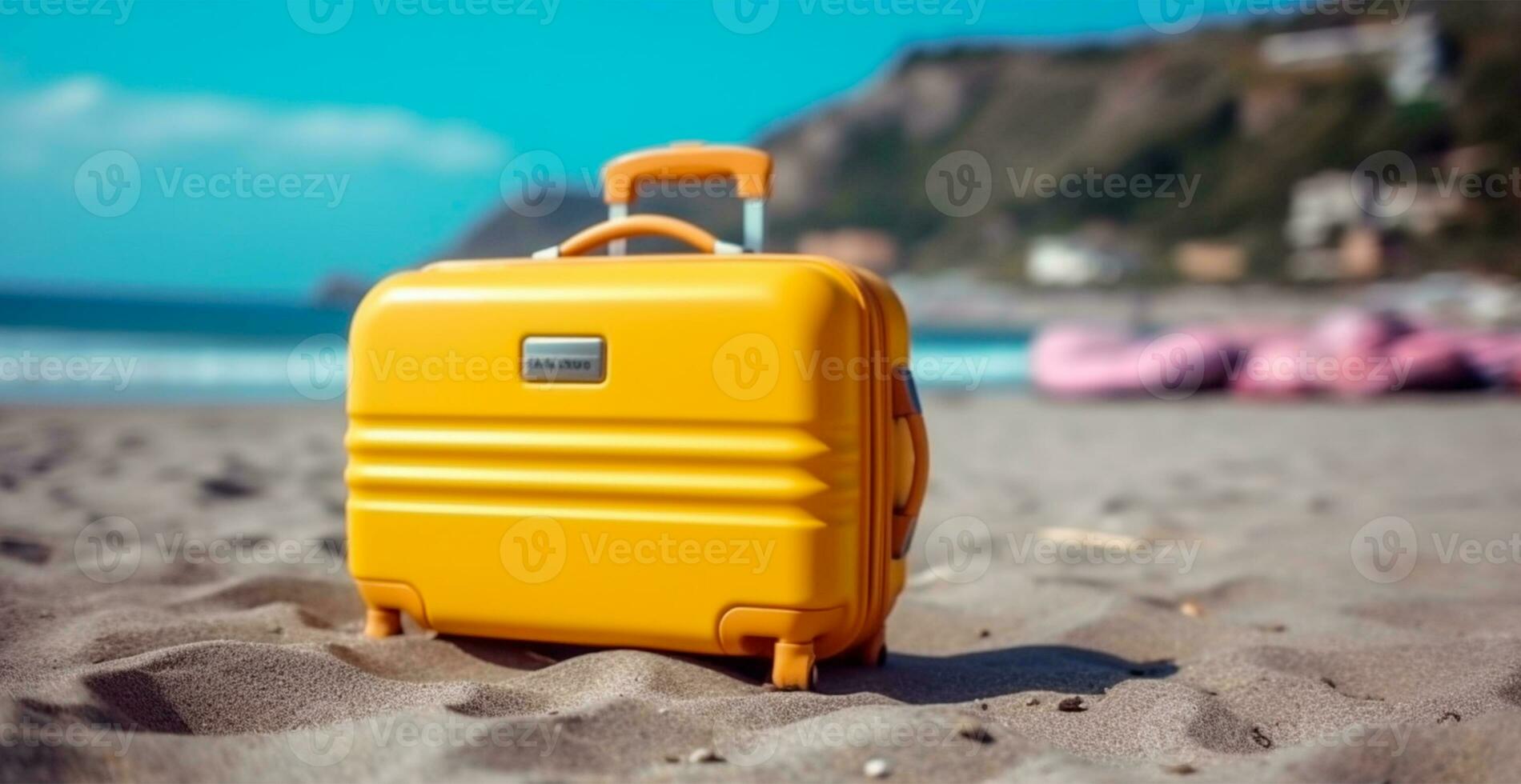 verão viagem e turismo, amarelo mala de viagem em uma lindo arenoso de praia. período de férias viagem - ai gerado imagem foto