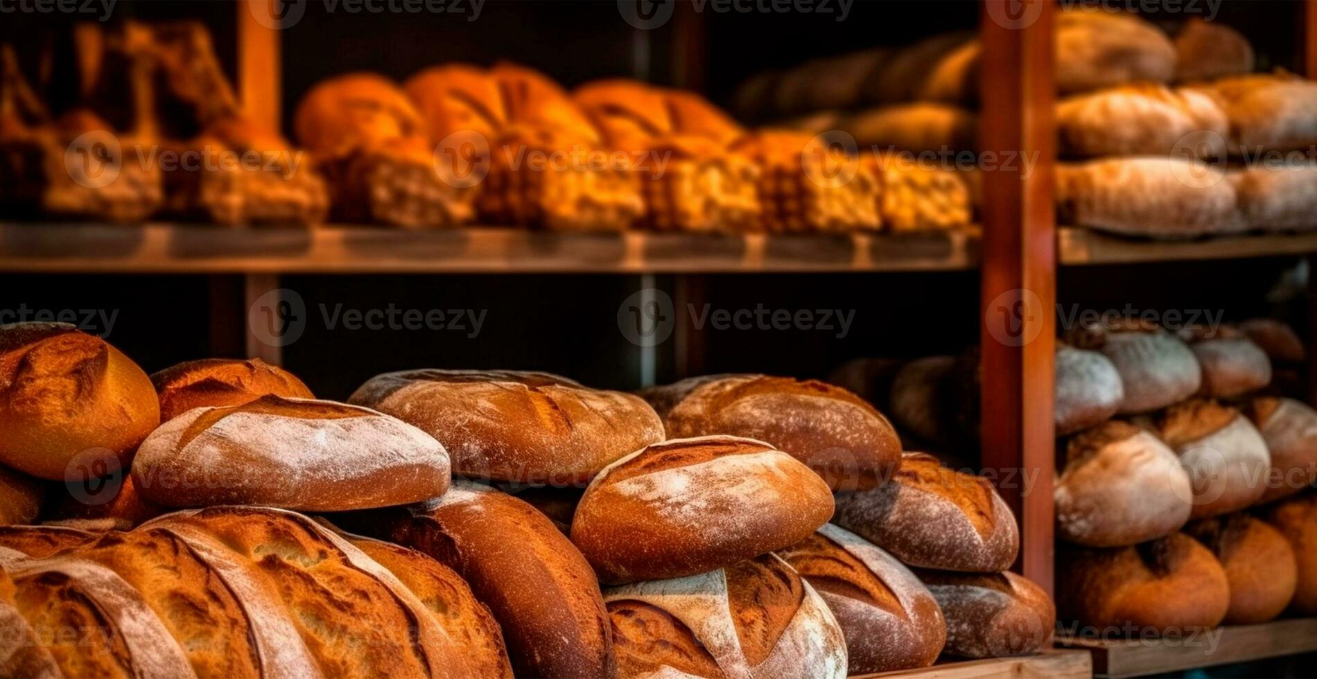 fresco cozido pão em padaria mostruário, trigo produtos - ai gerado imagem foto