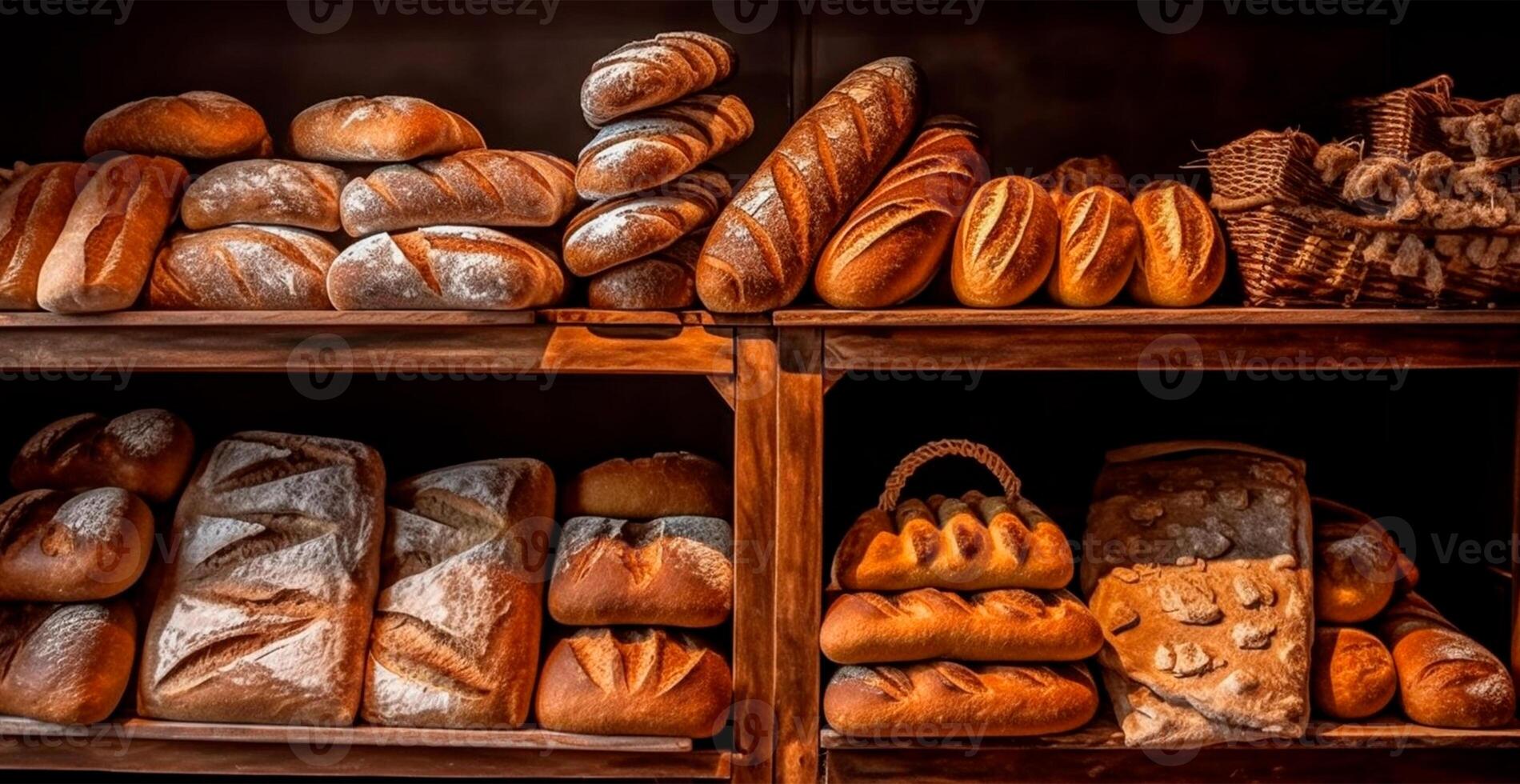 fresco cozido pão em padaria mostruário, trigo produtos - ai gerado imagem foto