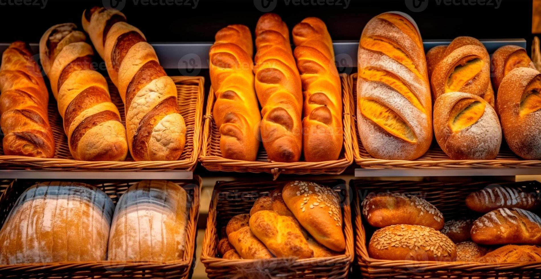 fresco cozido pão em padaria mostruário, trigo produtos - ai gerado imagem foto