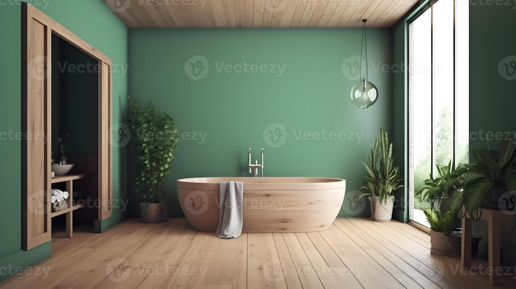de madeira banheiro Projeto. decorado com verde plantas. ai gerado foto