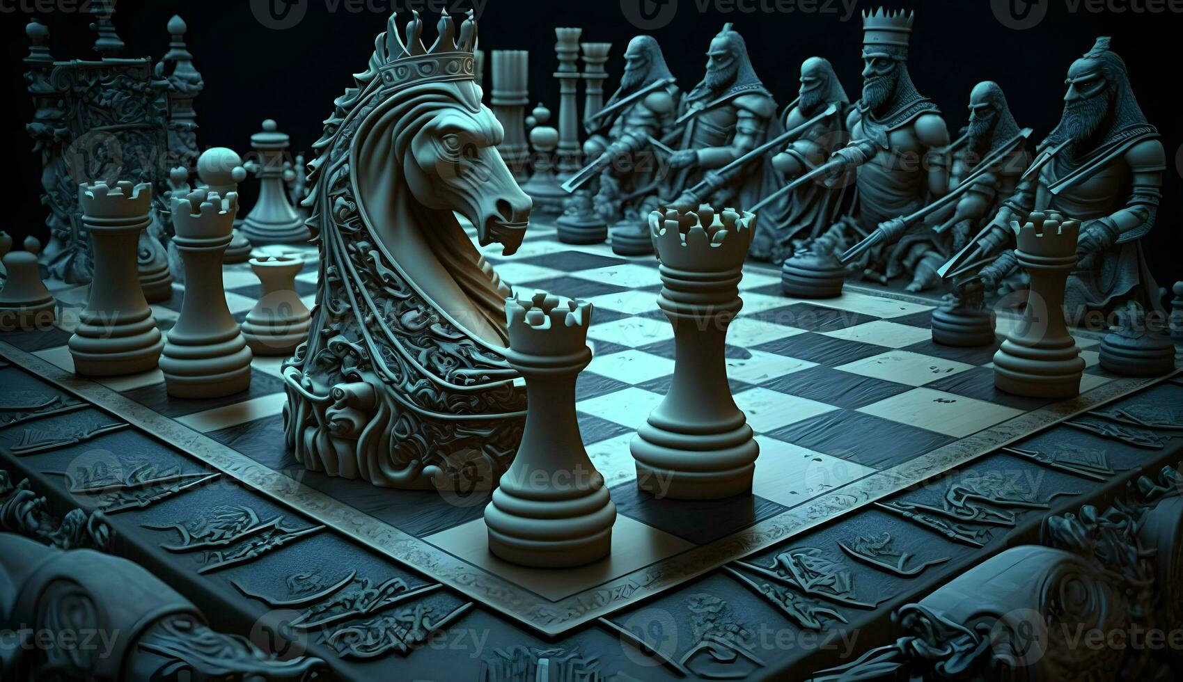 Peças de xadrez antigas no tabuleiro de xadrez fantástico campo de batalha  gerado por ia