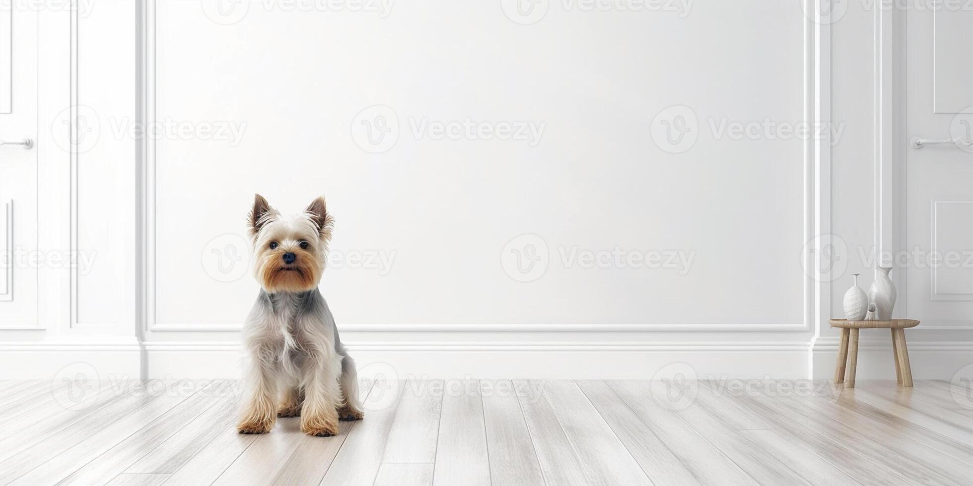 fofa yorkshire terrier em pé dentro minimalista vivo quarto - ai generativo foto