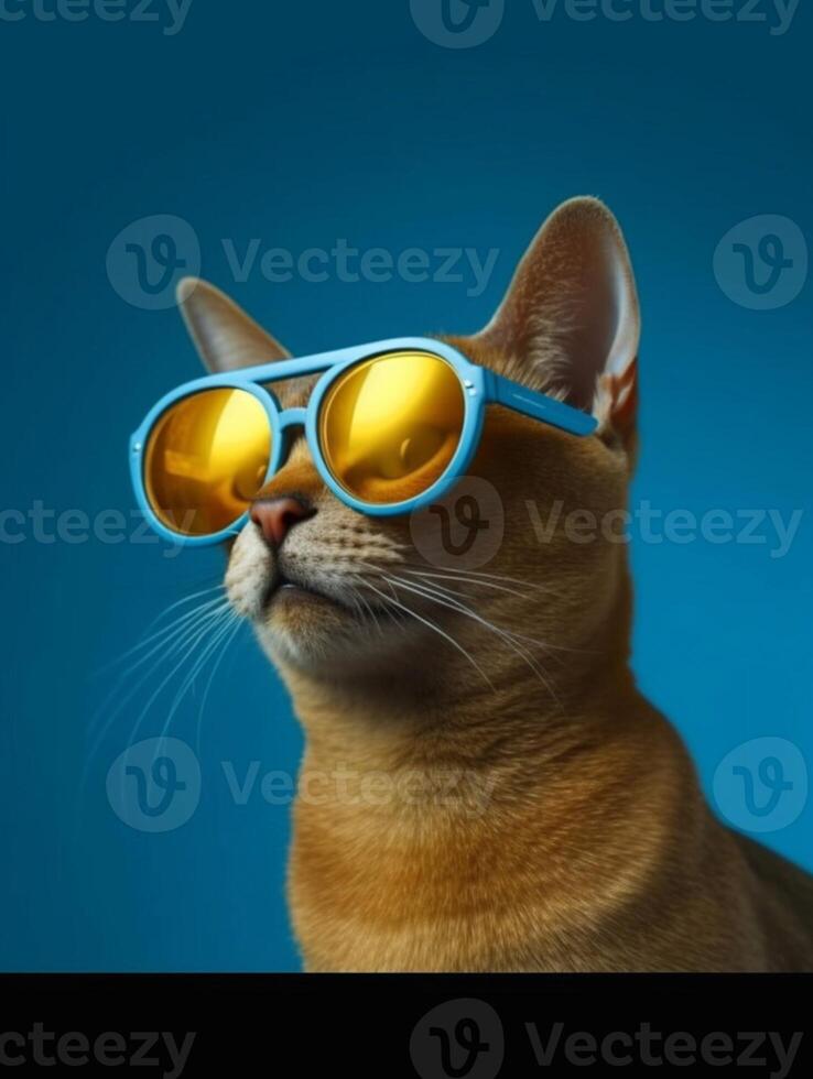 retrato do uma abissínio gato vestindo amarelo oculos de sol em uma azul fundo. generativo ai foto