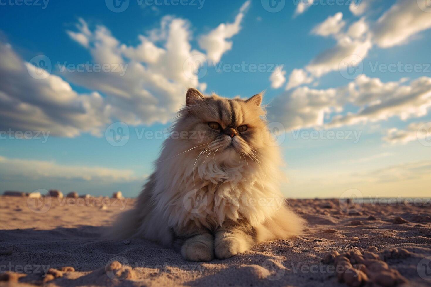 persa gato em a de praia às pôr do sol. fofo animal. generativo ai foto