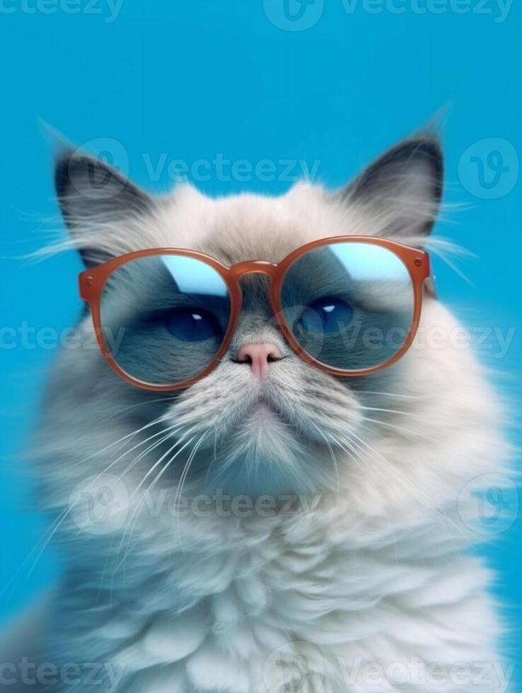 lindo boneca de pano gato vestindo Castanho óculos em azul background. generativo ai foto