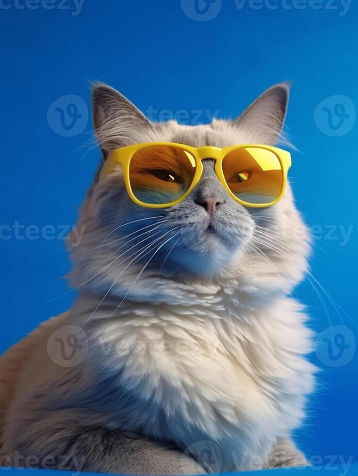 boneca de pano gato vestindo amarelo oculos de sol em azul fundo. generativo ai foto