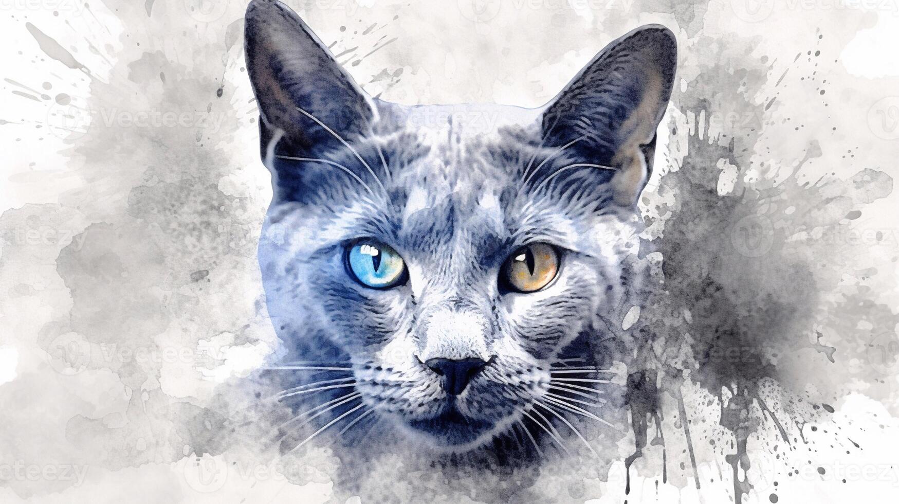 aguarela ilustração do uma russo azul gato com salpicos em uma branco fundo. generativo ai foto