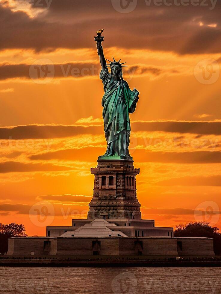estátua do liberdade às pôr do sol dentro Novo Iorque cidade, EUA. generativo ai foto