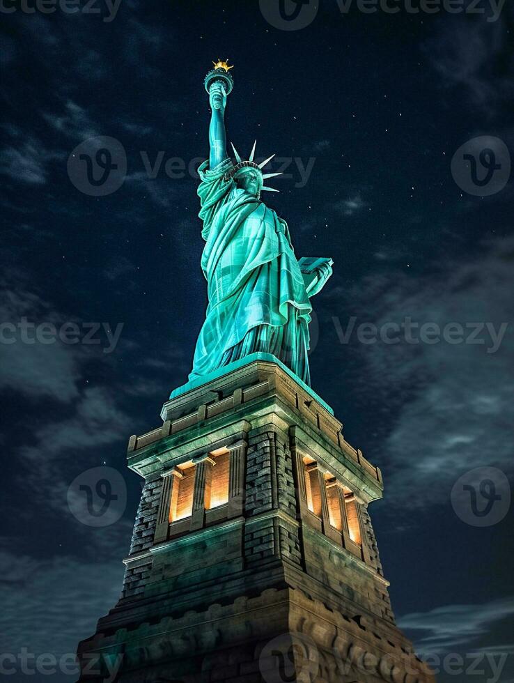 estátua do liberdade às noite dentro Novo Iorque cidade. EUA. generativo ai foto