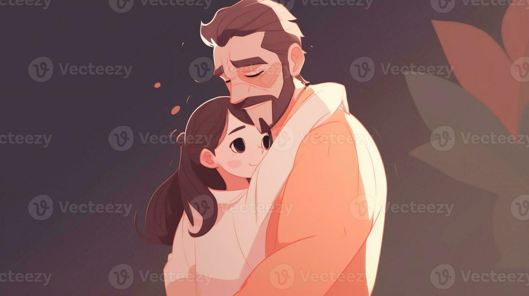 ilustração do uma pai abraços dele filha dentro uma caloroso e sincero abraço dentro desenho animado estilo foto