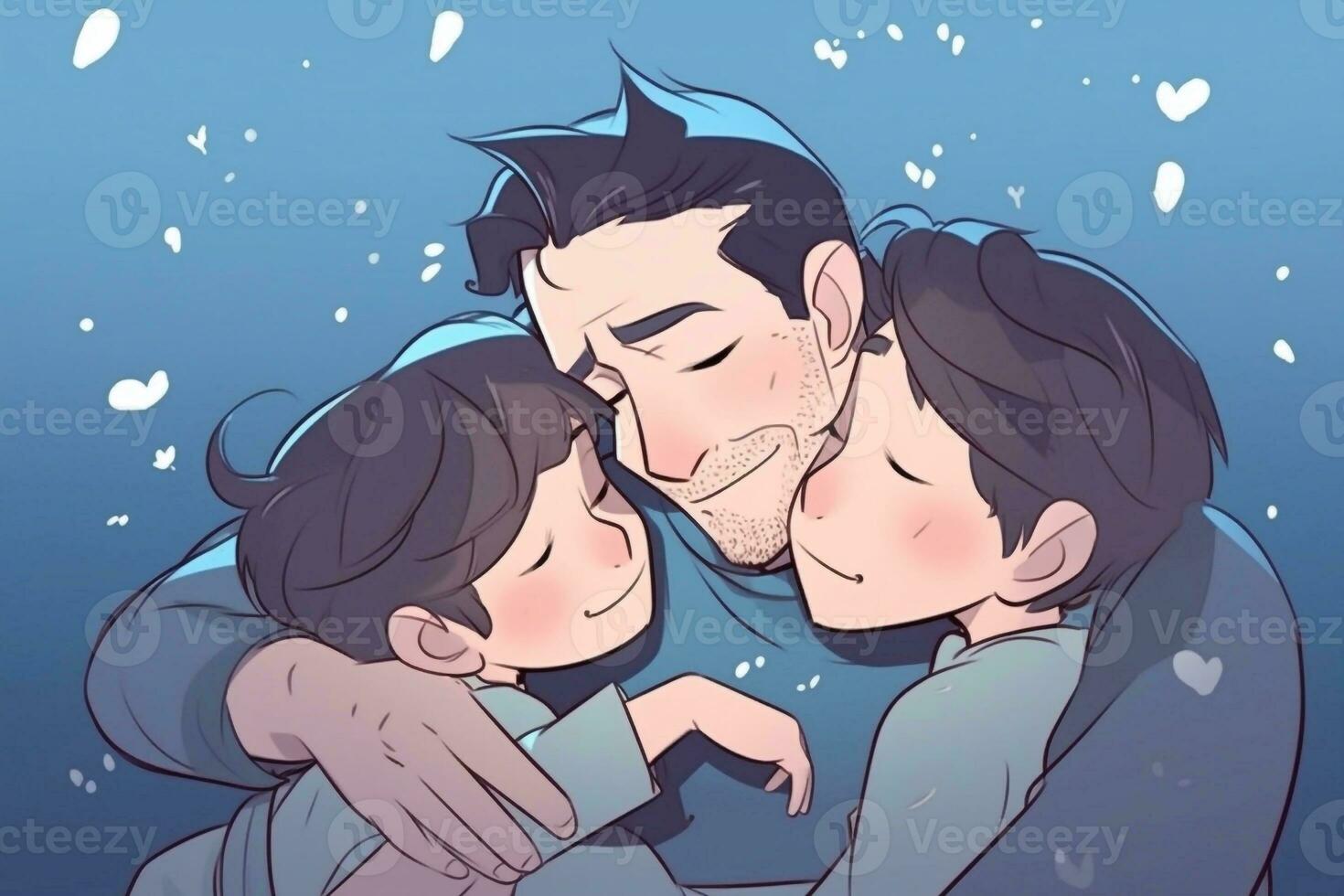 ilustração do uma pai abraços dele filhos dentro uma caloroso e sincero abraço dentro desenho animado estilo foto