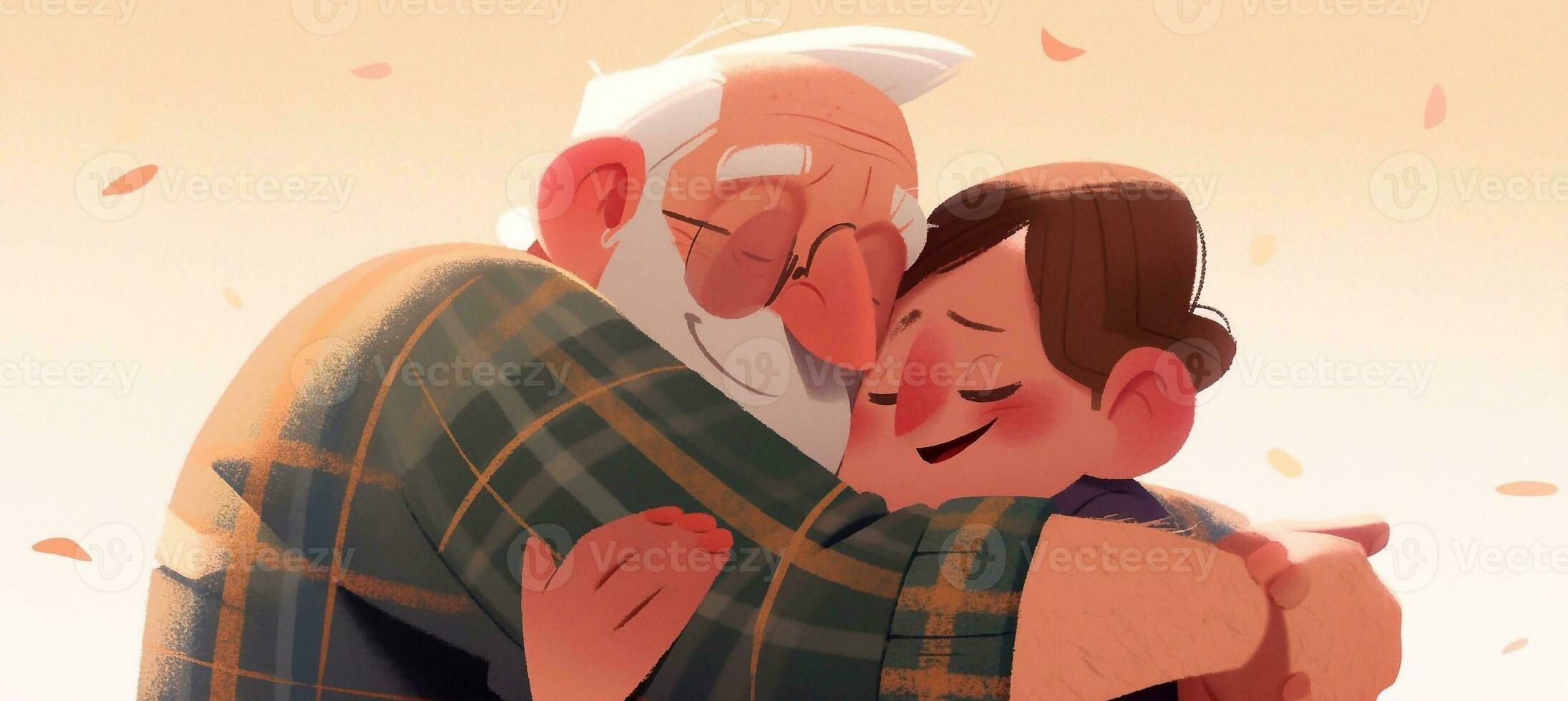 ilustração do uma pai abraços dele filho dentro uma caloroso e sincero abraço dentro desenho animado estilo foto