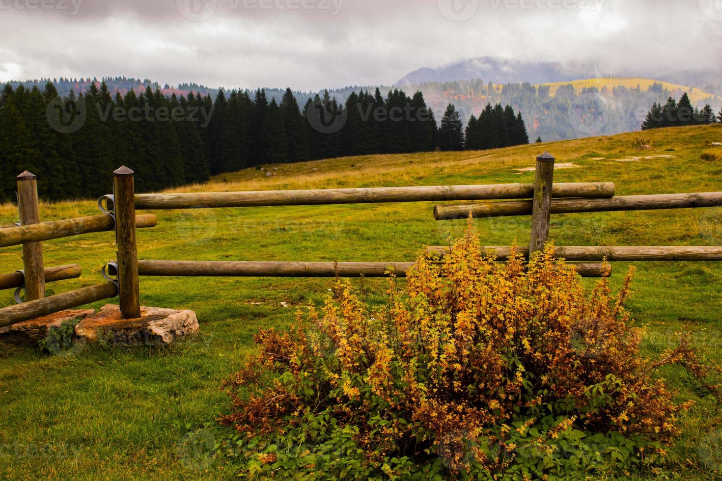 cerca de madeira e montanhas foto