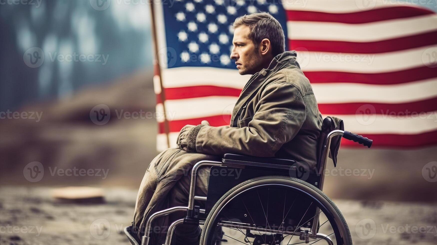 triste veterano homem dentro uma cadeira de rodas em a fundo do a americano bandeira. generativo ai. foto