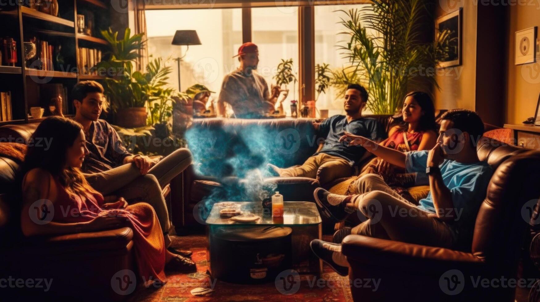 jovem pessoas fumaça cannabis enquanto relaxante com amigos às lar. generativo ai. foto