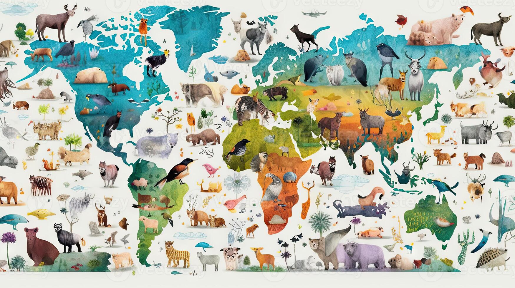 mundo mapa com desenho animado animais fundo. generativo ai. foto