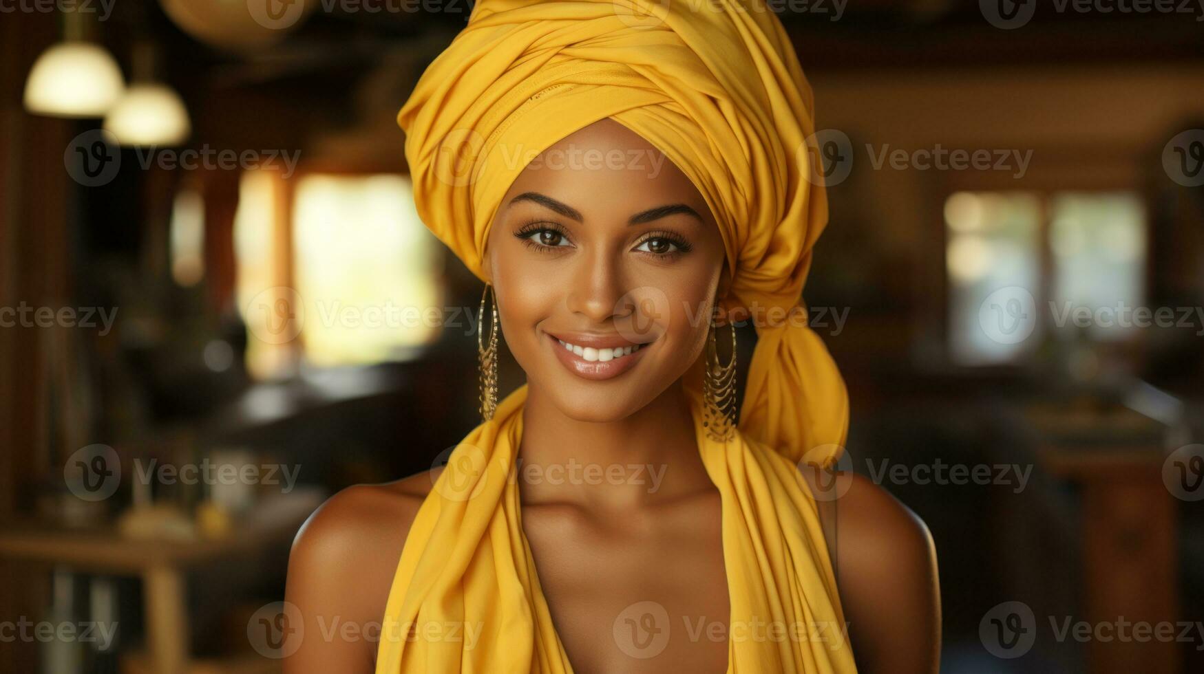 lindo africano americano mulher dentro amarelo turbante às lar. generativo ai. foto