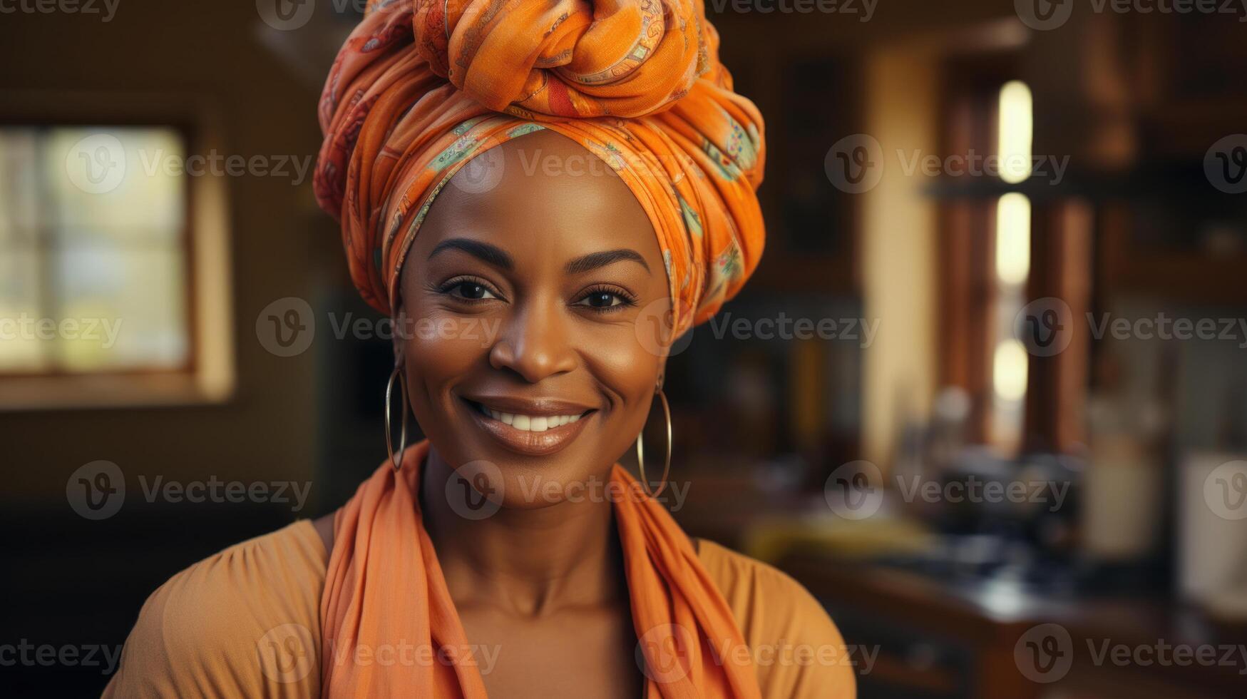 retrato do lindo meio adulto africano americano mulher com laranja lenço de cabeça. generativo ai. foto