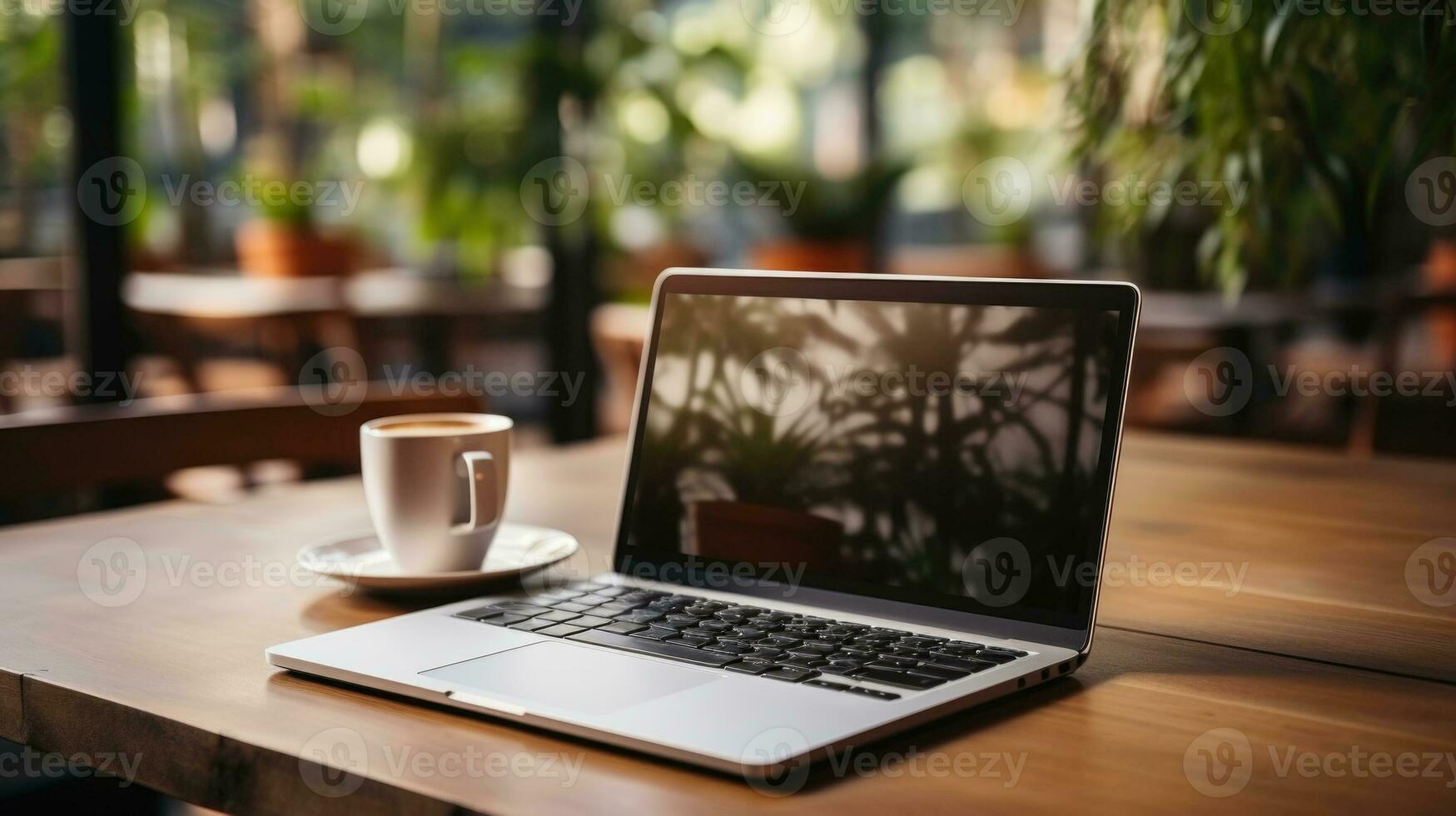 computador portátil e café copo em de madeira mesa dentro café fazer compras. generativo ai. foto