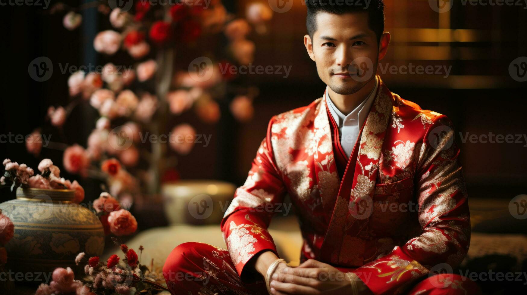 bonito ásia noivo homem dentro tradicional chinês terno sentado em a chão. generativo ai. foto