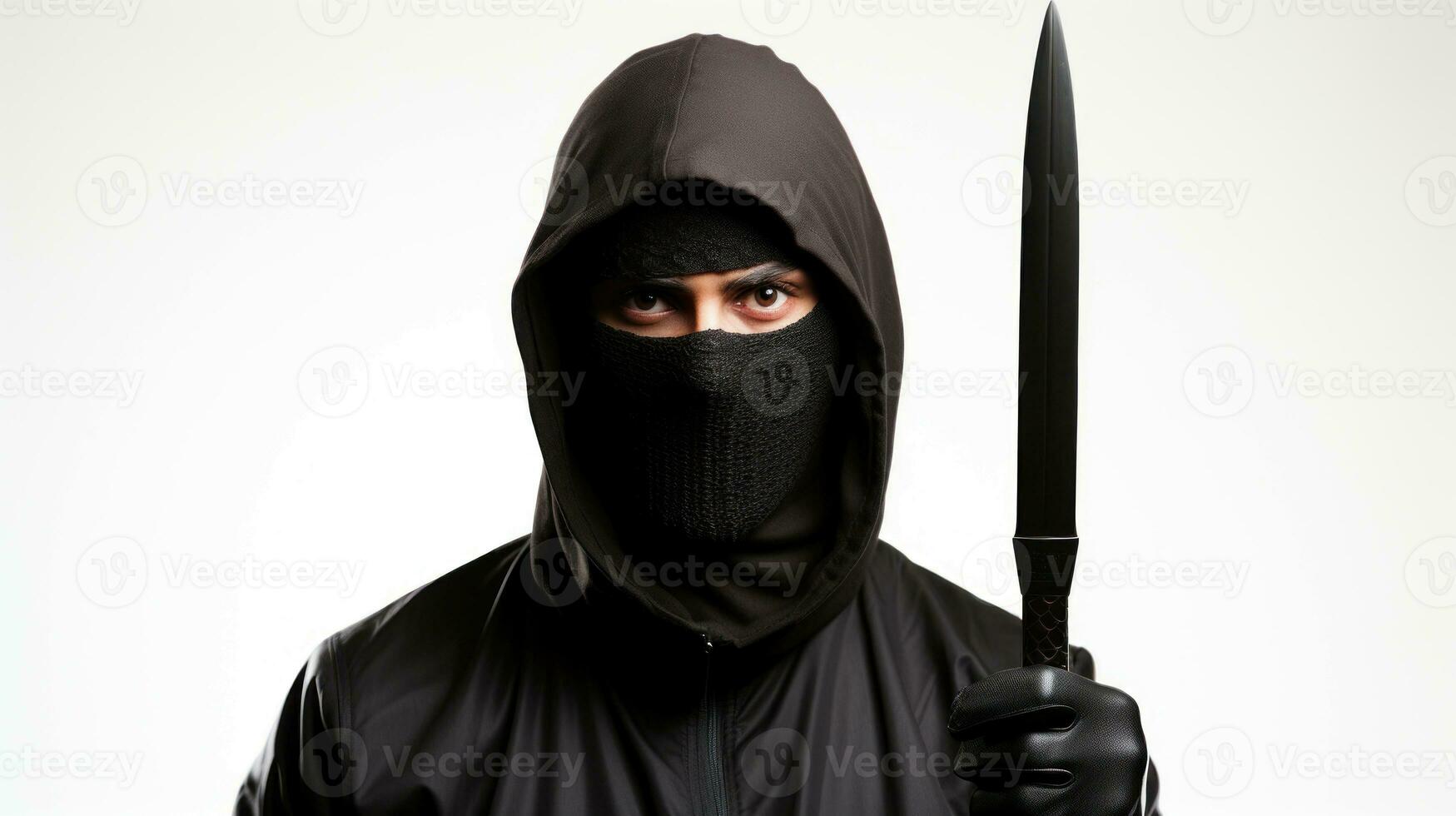 mascarado Criminoso homem com uma faca dentro dele mãos em uma branco fundo. generativo ai. foto