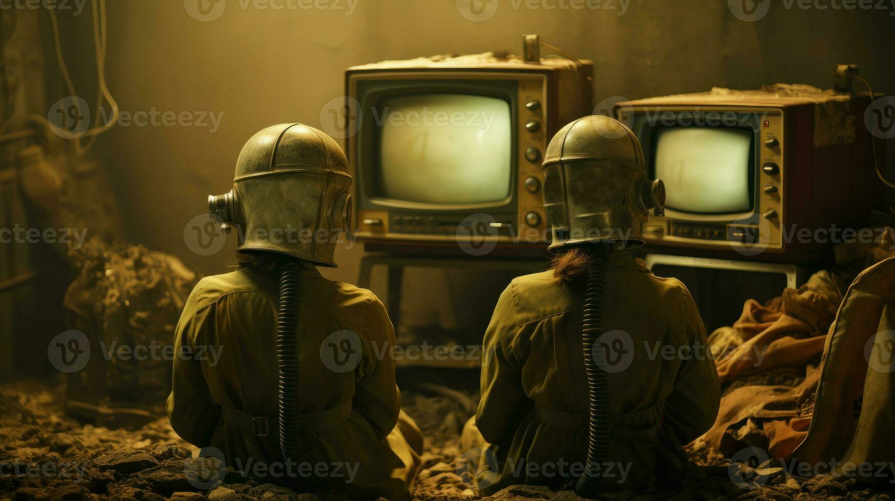 abandonado mulheres vestem gás mascarar dentro frente do televisão. retro estilo foto. generativo ai. foto
