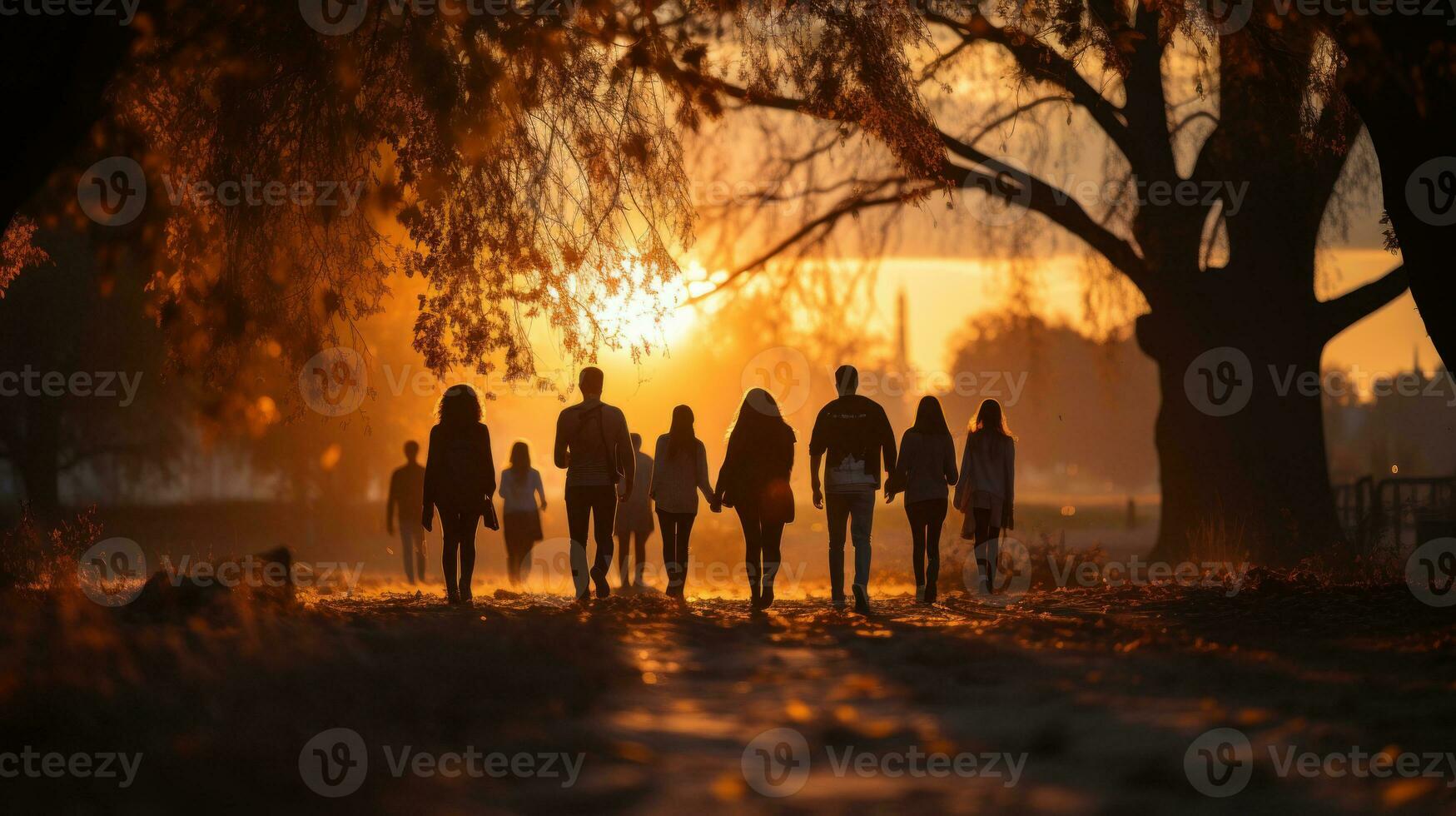 grupo do costas jovem pessoas caminhando dentro a parque às pôr do sol. seletivo foco. generativo ai. foto