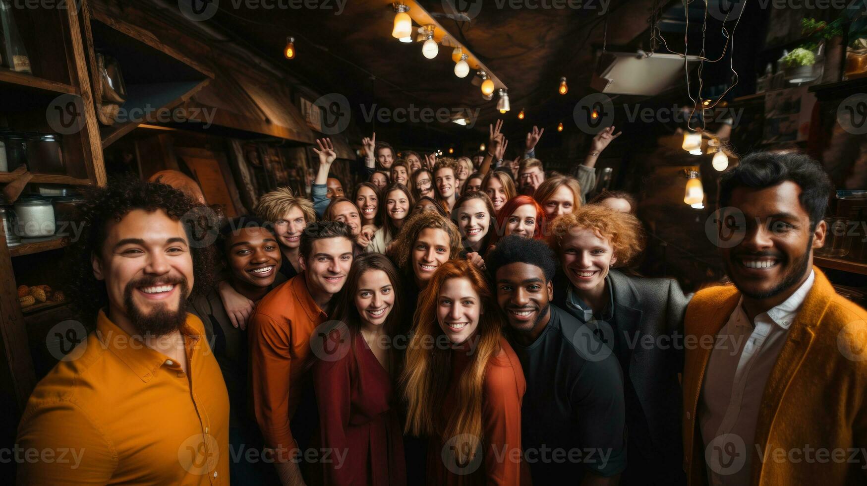 retrato do uma grupo do sorridente pessoas em pé juntos interior. generativo ai. foto