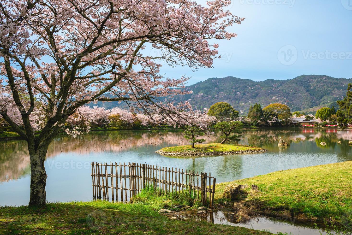 Lago Osawa com flor de cerejeira em Arashiyama no Japão Kyoto foto