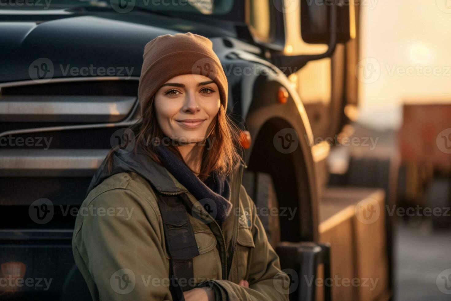 uma sorridente fêmea caminhão motorista em pé dentro frente do dela caminhão com generativo ai foto