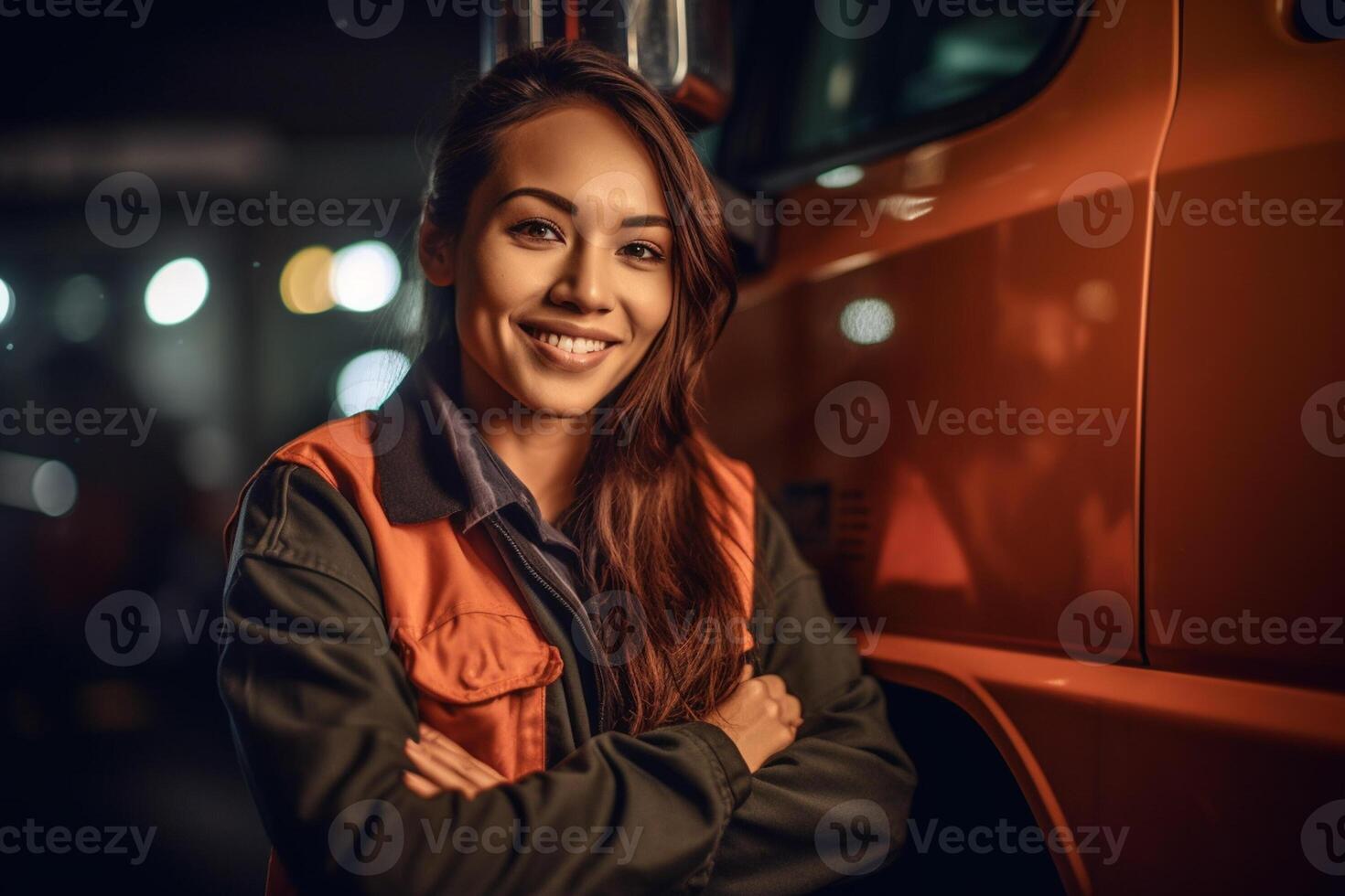 uma sorridente fêmea caminhão motorista em pé dentro frente do dela caminhão com generativo ai foto