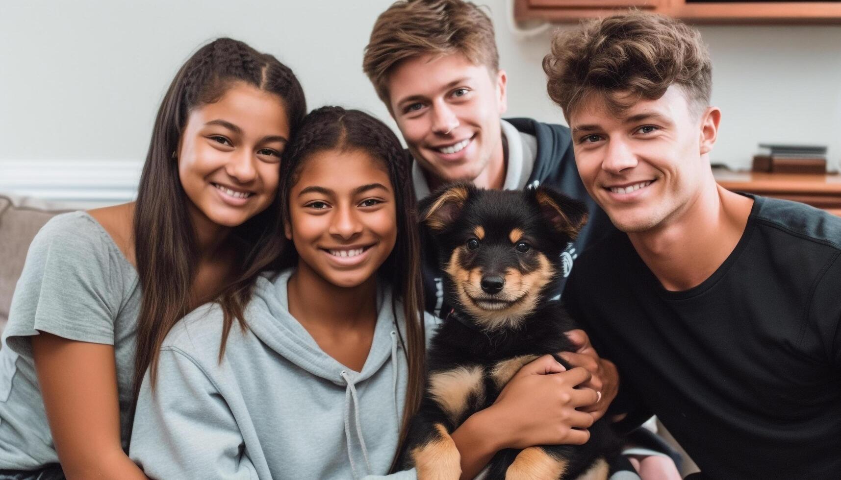 uma feliz família com seus Amado animais de estimação gerado de ai foto