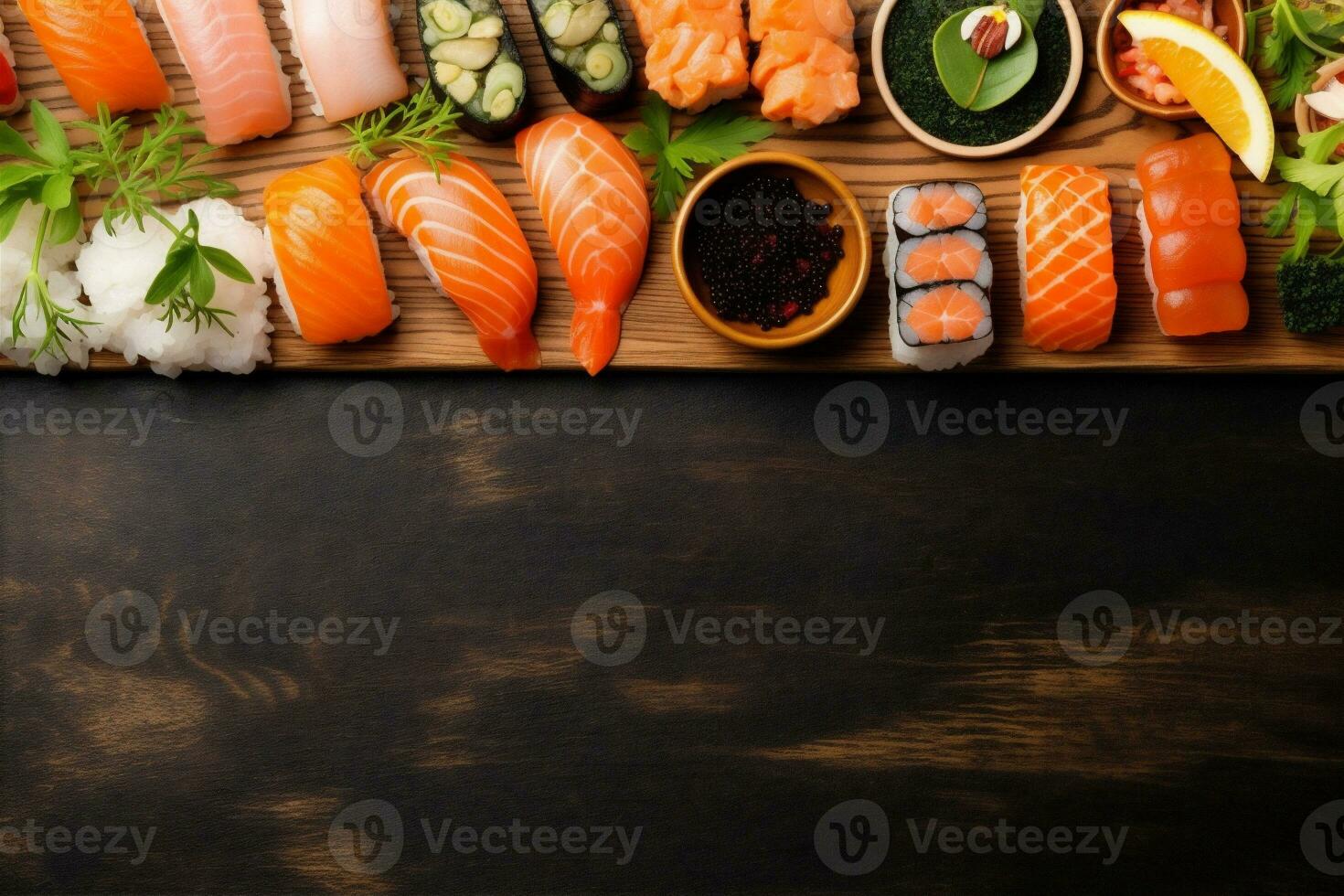 japonês saudável frutos do mar fresco peixe Comida Sushi lista arroz asiático. generativo ai. foto