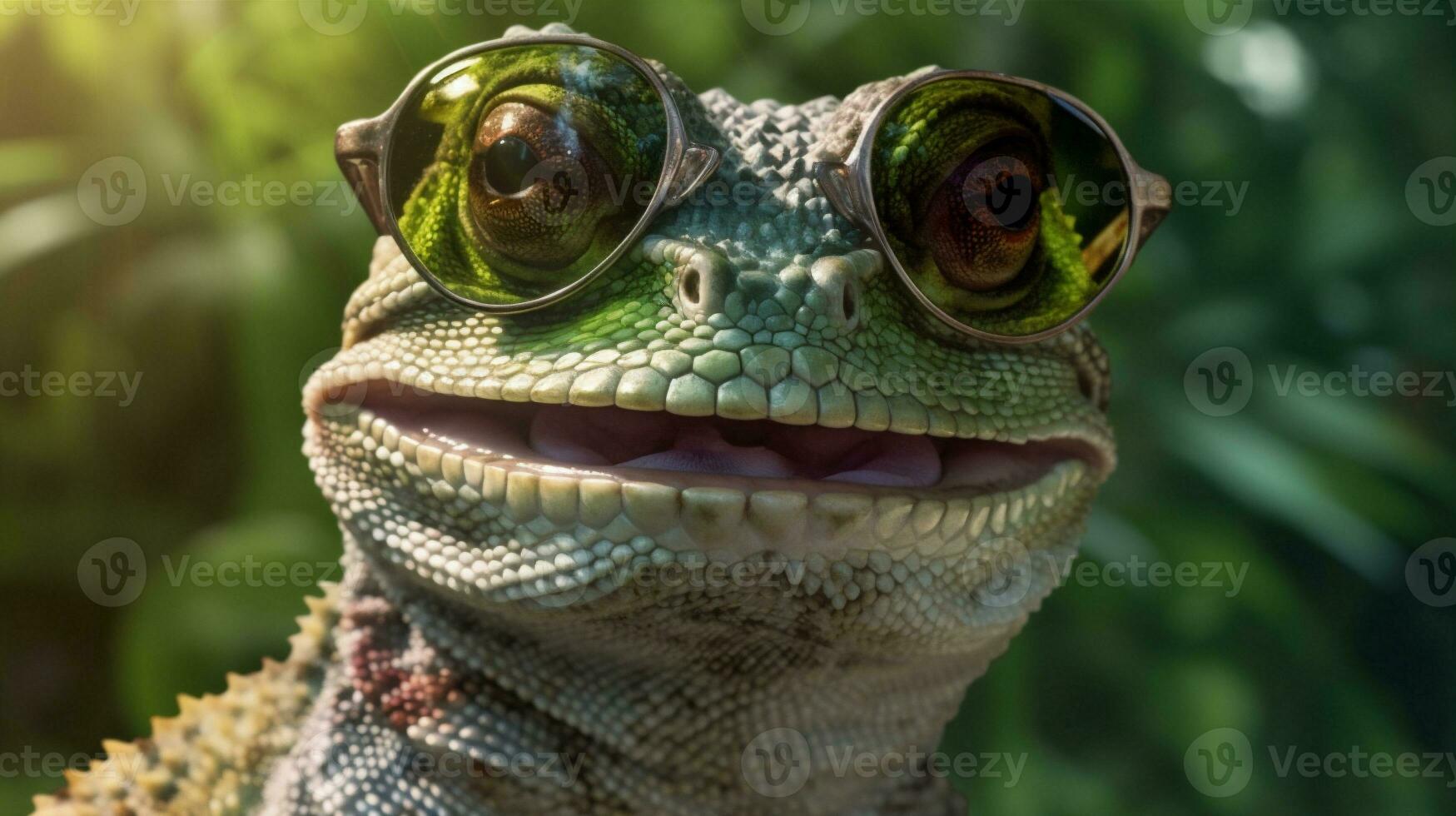 animais selvagens óculos retrato verde animal réptil fechar-se lagarto iguana escala. generativo ai. foto