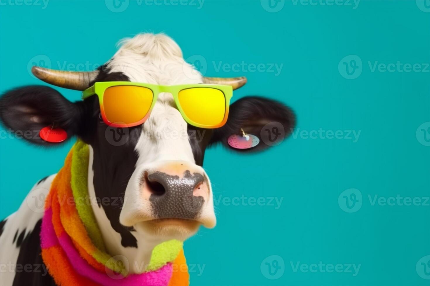 vaca personagem fofa colorida engraçado cabeça animal retrato face oculos escuros. generativo ai. foto