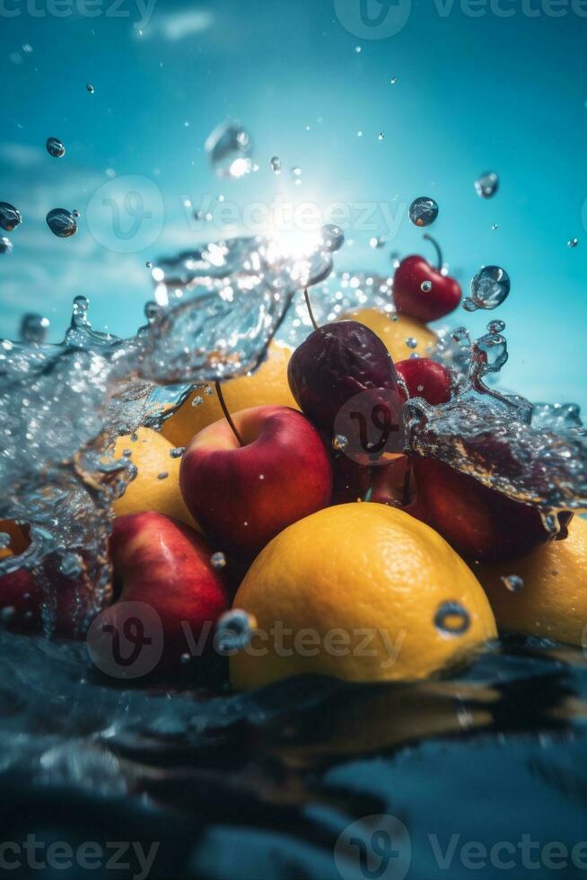 fruta fundo doce água Comida Vitamina fresco morango saudável verde derrubar. generativo ai. foto