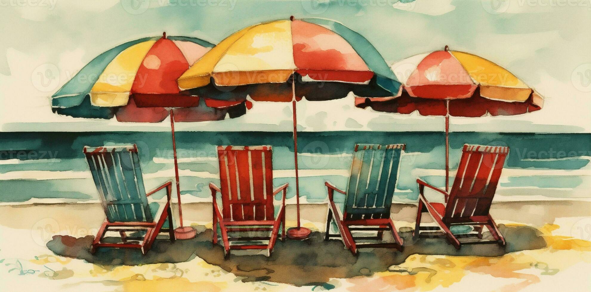verão período de férias cadeira guarda-chuva relaxar fundo água recorrer aguarela de praia descansar. generativo ai. foto