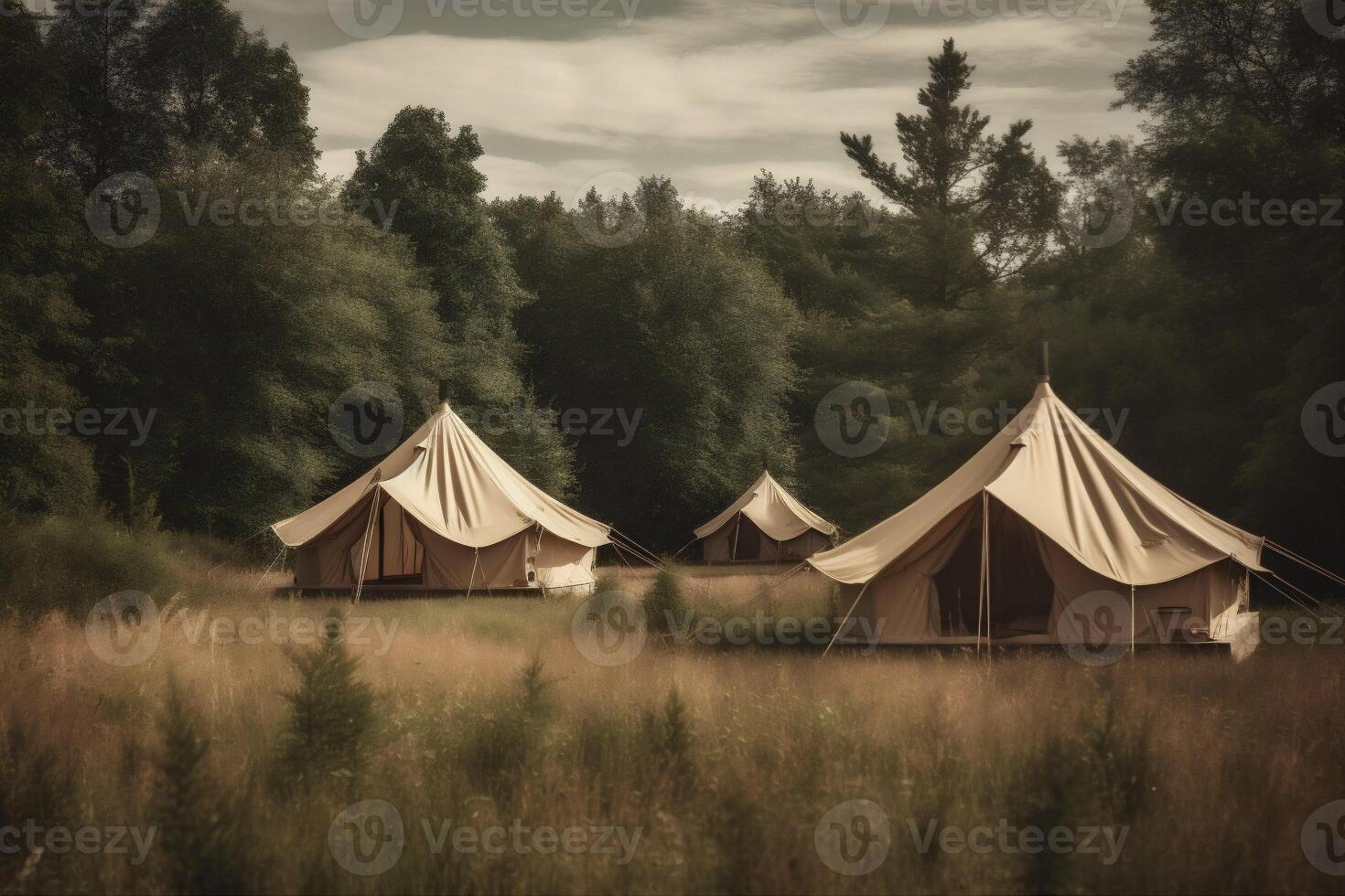 luz barraca luxo tela de pintura natureza viagem período de férias acampamento floresta glamping. generativo ai. foto