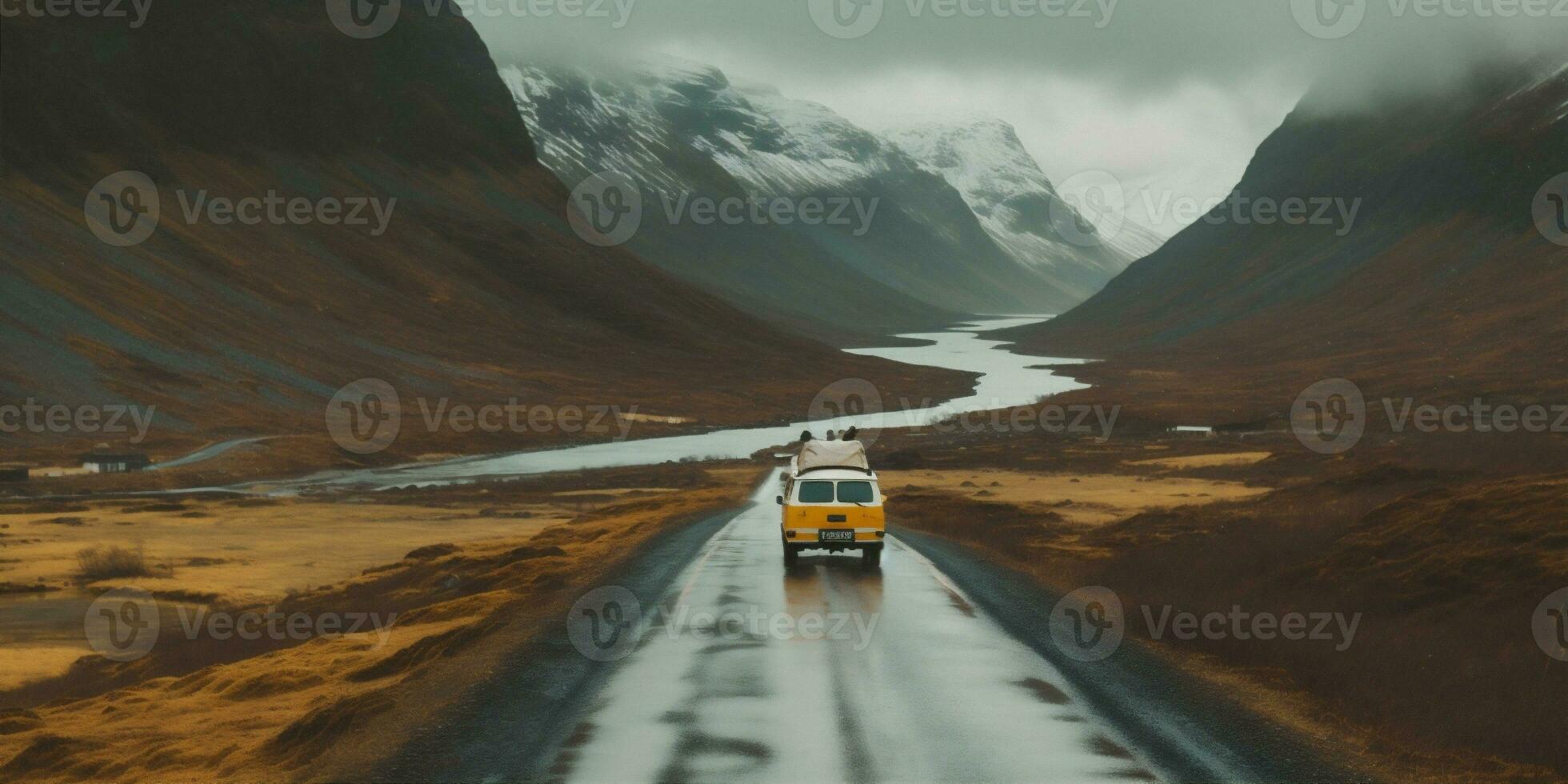 viagem homem montanha natureza amarelo jovem água lago caminhada costas capa. generativo ai. foto