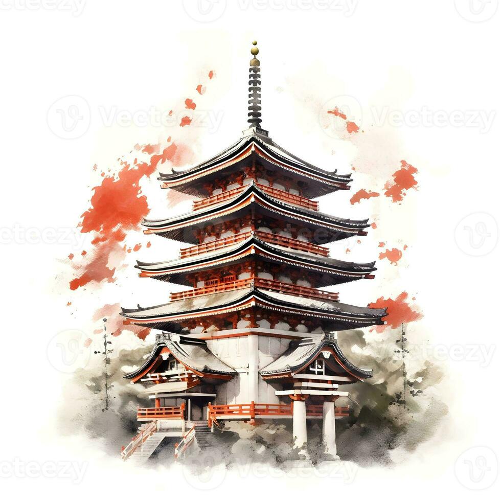 aguarela japonês pagode ponto de referência prédio, castelo. ai gerado foto