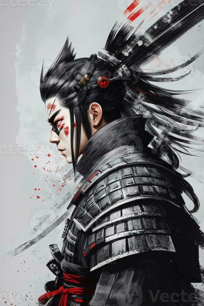 japonês samurai Guerreiro personagem Projeto. medieval soldado com espada. Japão cultura e história. ásia tradicional cavaleiro pintura e desenho. foto
