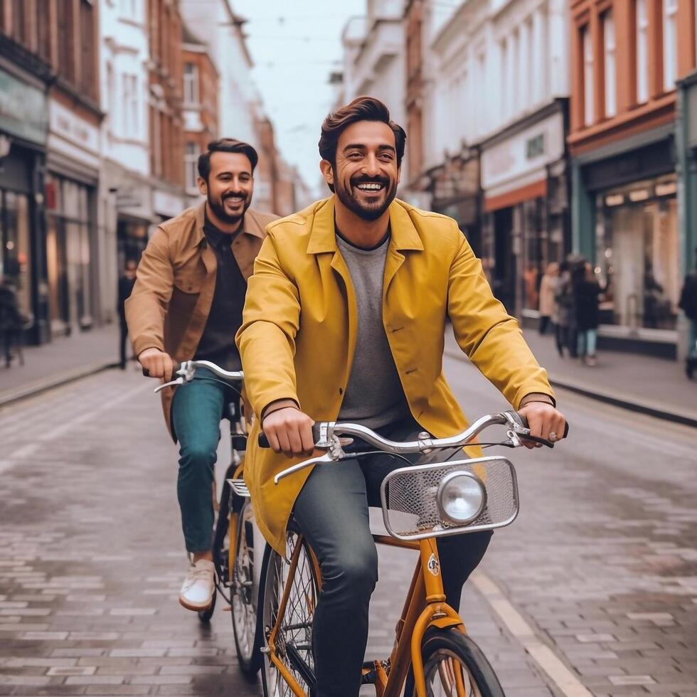 uma foto do homem equitação em ciclo, bicicleta, moto, bicicleta e sorridente com amigo. generativo ai